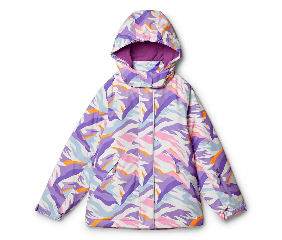 Kapuzenjacke mit farbenfrohem, abstraktem Muster in Weiß, Lila, Hellblau, Pink und Orange, mit lila gefütterter Kapuze, verdecktem Reißverschluss und Reißverschlusstaschen.
