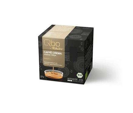 Schwarze und beige Verpackung von Qbo Caffè JABANA YIRGA - 27 Kapseln, mit BIO-Siegel, Intensität 3/10 und Abbildung von Kaffee mit Crema.