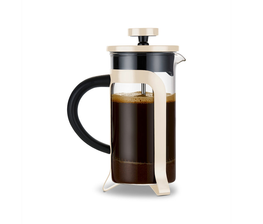 Eine Siebstempelkanne 300 ml, 2 Tassen, friendly beige, gefüllt mit Kaffee.