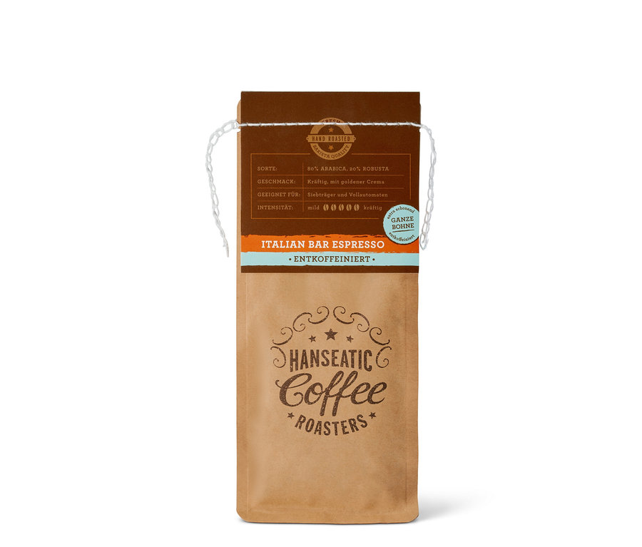 Eine Packung Hanseatic - Italian Bar Espresso, entkoffeiniert - 250 g Ganze Bohne.