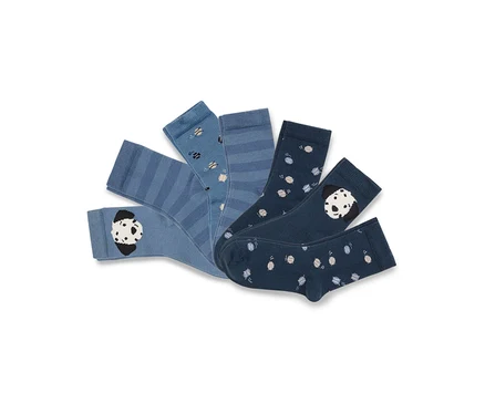 Fünf verschiedene blaue Socken fächerförmig ausgelegt, mit Querstreifen, verstreuten Punkten und Pandagesichtern.