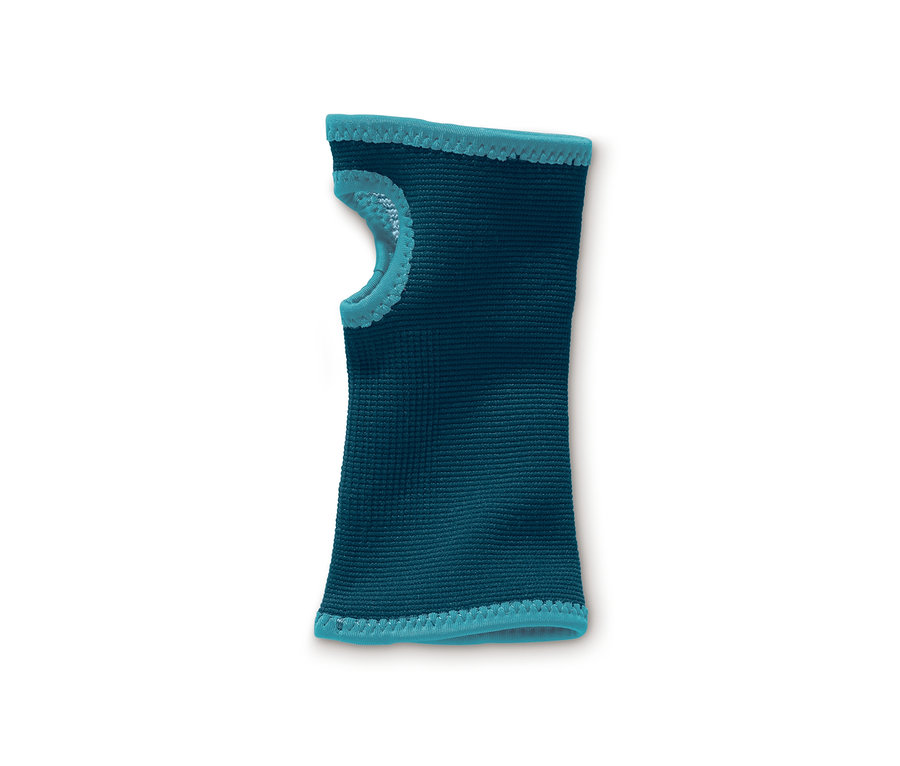 Eine blaue Handgelenkbandage.