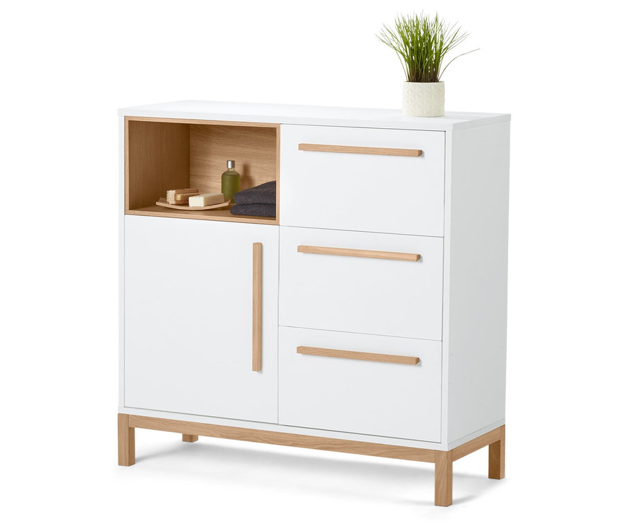 Weißes Badezimmer-Sideboard mit Holzdetails, offenem Fach und drei Schubladen.