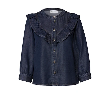 Dunkelblaue Street One Jeansbluse mit Rüschenkragen und goldfarbenen Knöpfen.