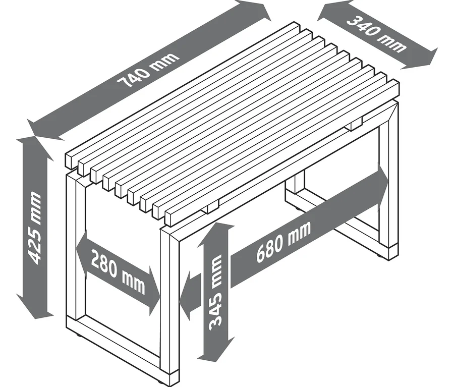 Sitzbank mit Lamellenrost, 740 mm lang, 340 mm breit und 425 mm hoch, mit weiteren Maßangaben.
