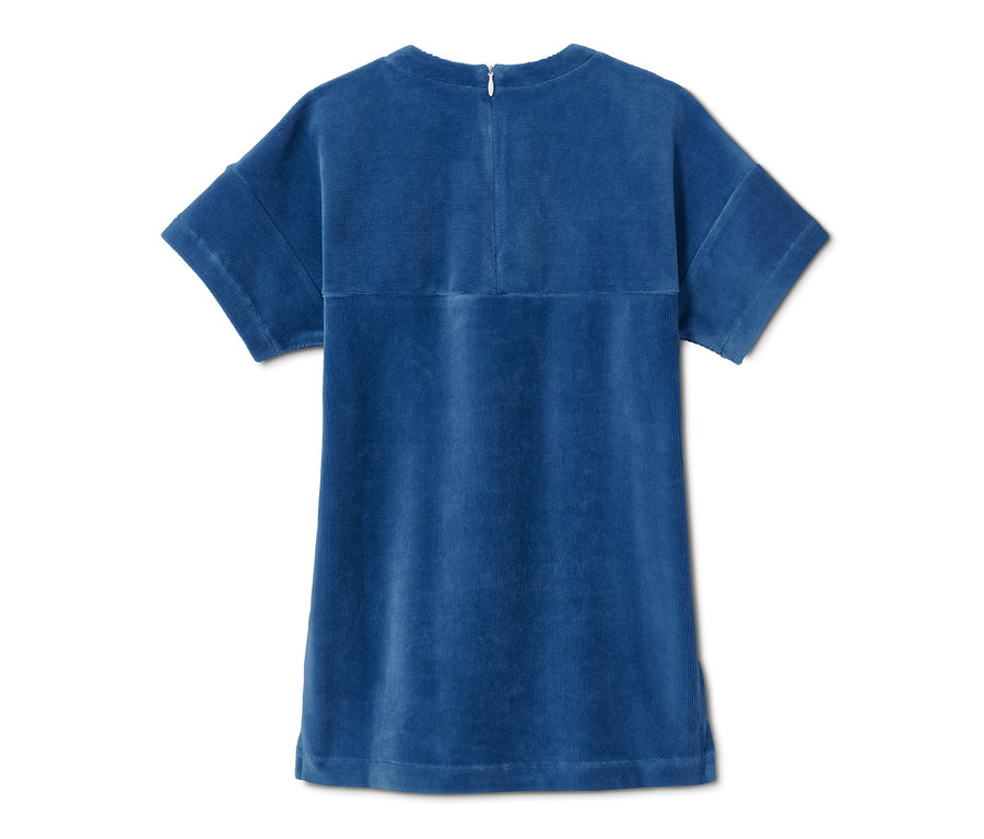 Blaues Stretch-Cordkleid mit kurzen Ärmeln.