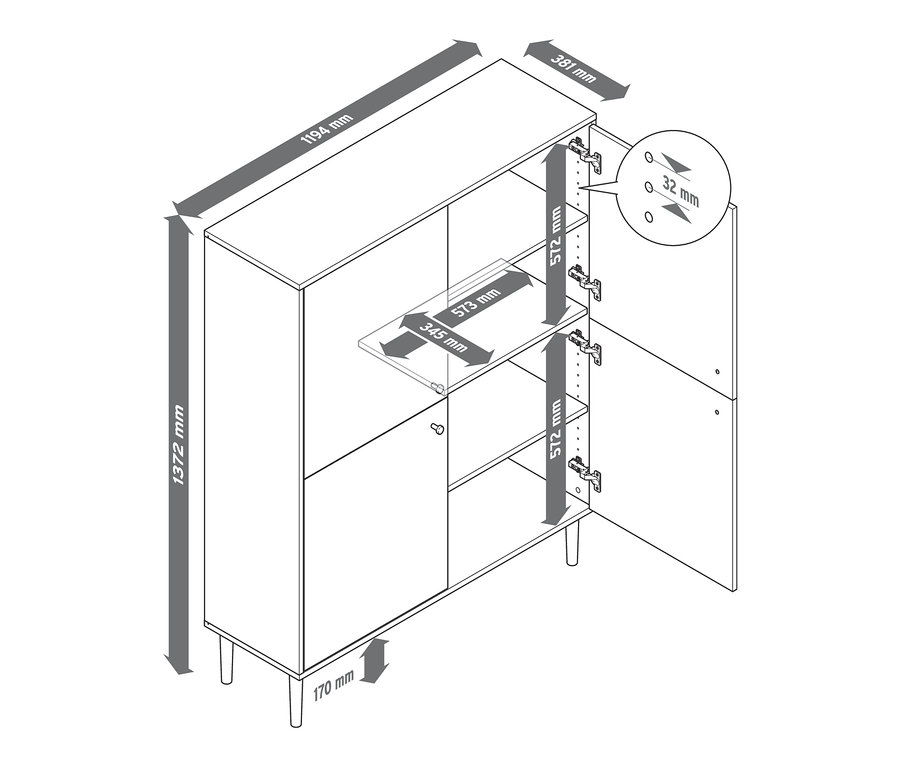 Abbildung eines Highboards mit modern strukturierten Fronten und Abmessungen.