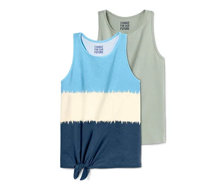 Zwei Tanktops: blau-weiß-blaues mit Knoten und ein grünes.