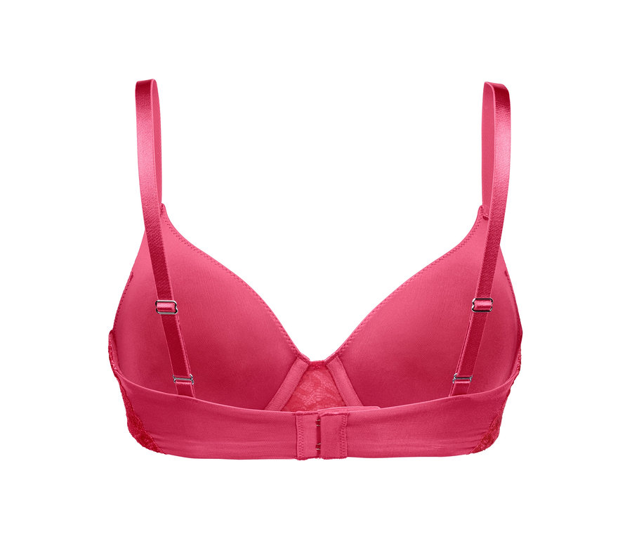 Detailaufnahme der Rückseite eines pinken Bügel-BHs mit verstellbaren Trägern.