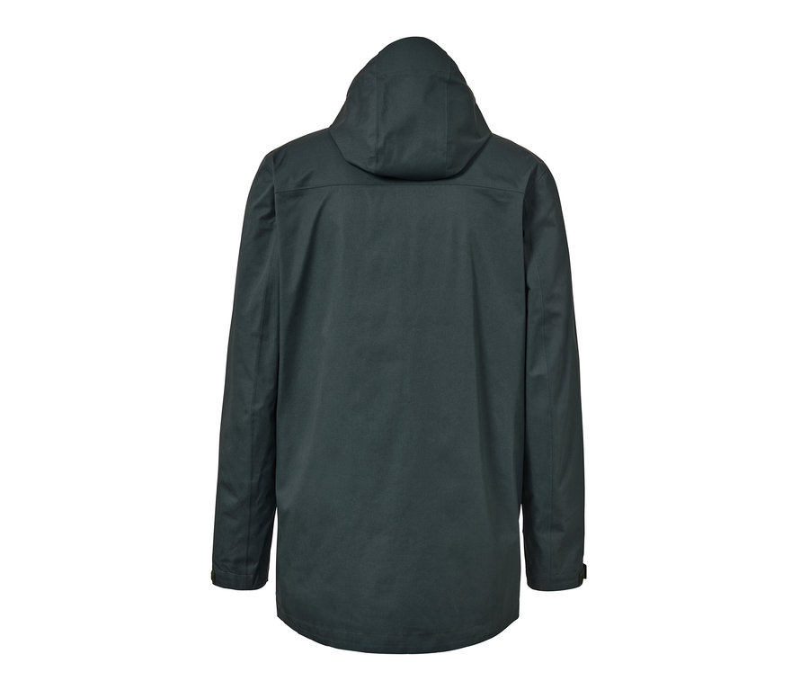 Rückansicht einer dunkelgrünen Outdoor-Jacke mit Kapuze.