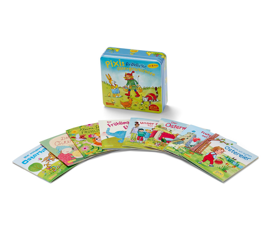 Metallbox »Pixis fröhliche Ostergeschichten« mit aufgefächerten Pixi-Büchern.