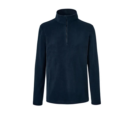 Dunkelblaues Mircofleece-Shirt mit langen Ärmeln und Reißverschluss am Hals.