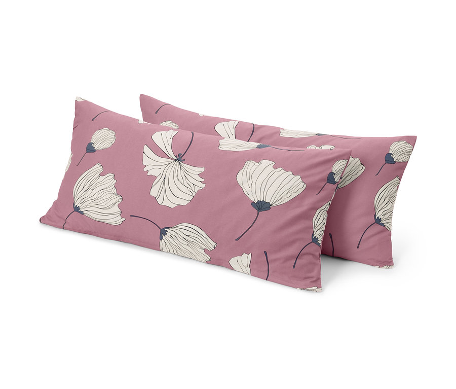 Zwei Microfaser-Kopfkissenbezüge mit Blumenmuster auf hellviolettem Hintergrund.