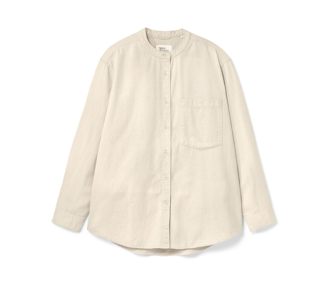 Beige, langärmlige Leinenbluse mit Knopfleiste.