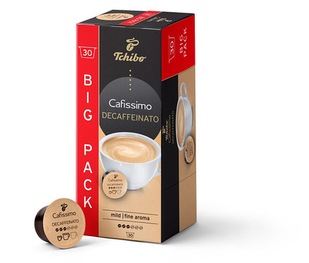 Packung Cafissimo Decaffeinato - entkoffeiniert - 30 Kapseln und eine Kapsel daneben.