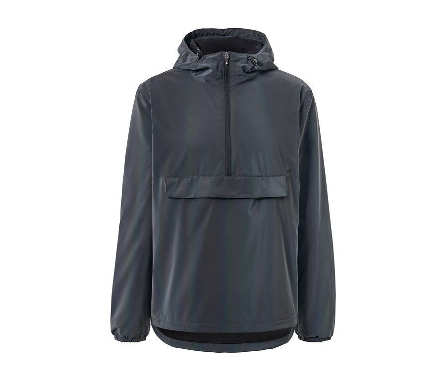 Grauer Windbreaker Rainbow Reflective mit Kapuze und Kängurutasche.