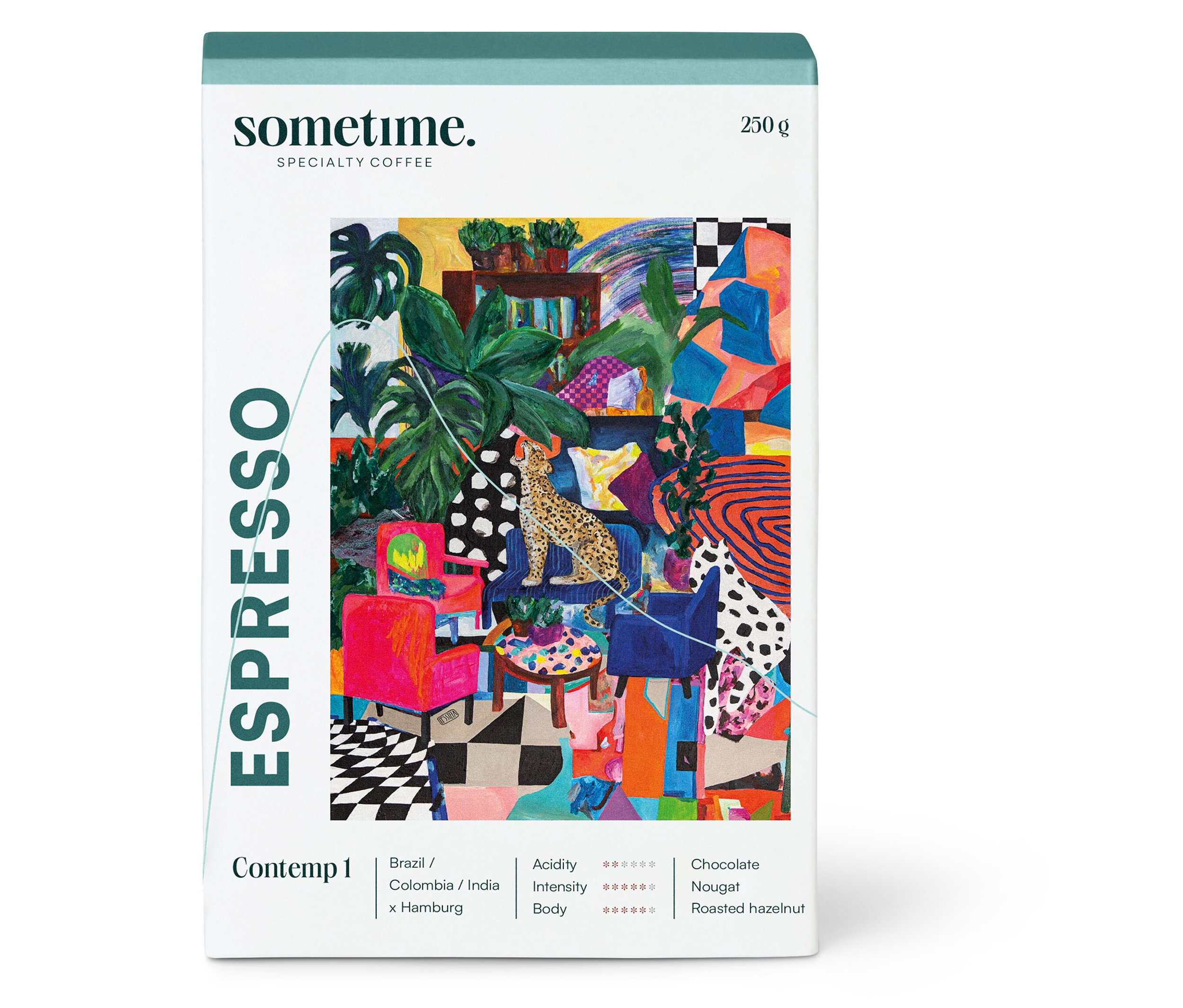Packung sometime - CONTEMP 1 Espresso - 250 g Ganze Bohne mit Illustration einer Inneneinrichtung.