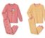 Zwei Kleinkind-Pyjamas: Ein lachsfarbener mit Vogel-Print, ein gelb-weiß gestreifter.