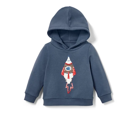 Blaues Kinder-Sweatshirt mit Kapuze und Raketen-Applikation mit Wendepailletten.