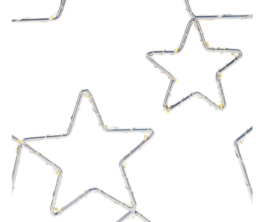 Vier kleine LED-Metallsterne zum Aufhängen auf weißem Hintergrund.