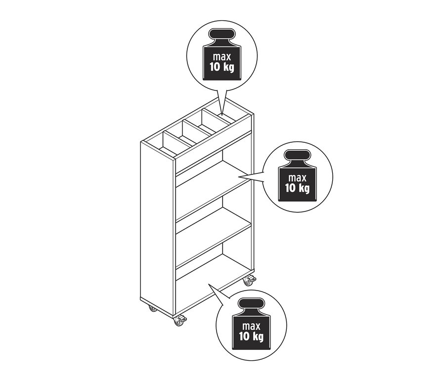Illustration eines schmalen Beistellwagens mit Regalen und Rollen.