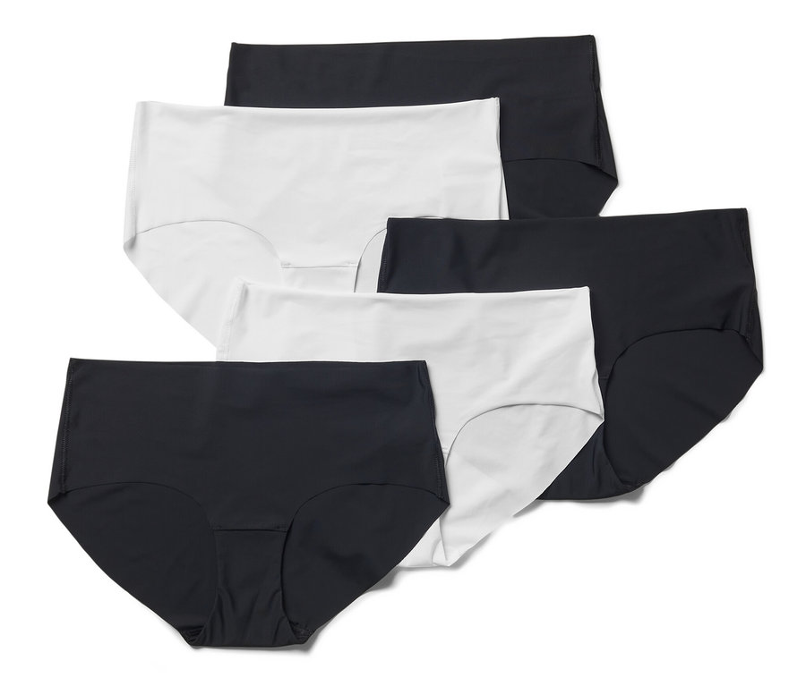 Fünf Magic-Cut-Pantys, schwarz und weiß.