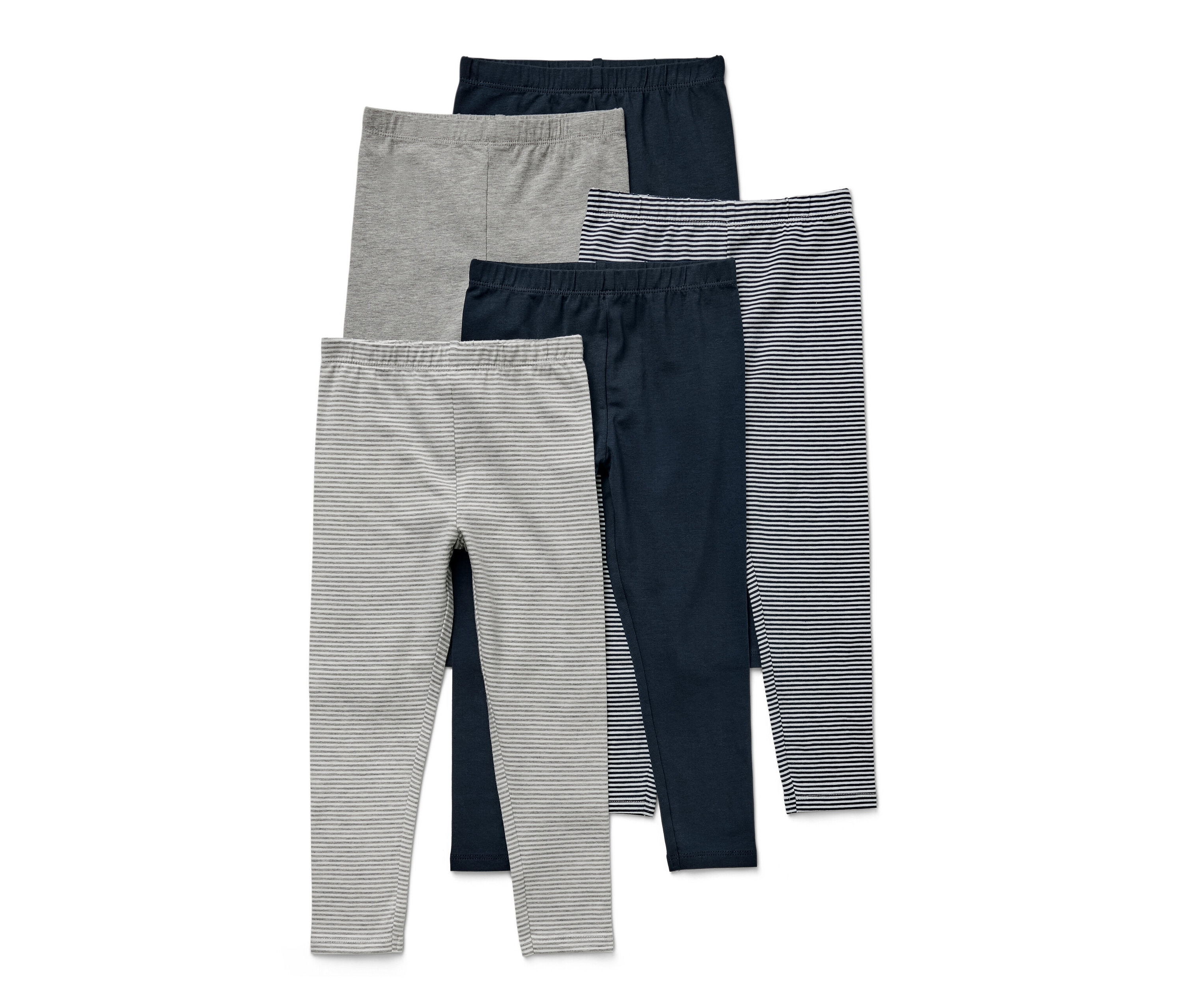Fünf Kinder-Leggings in verschiedenen Farben und Mustern.