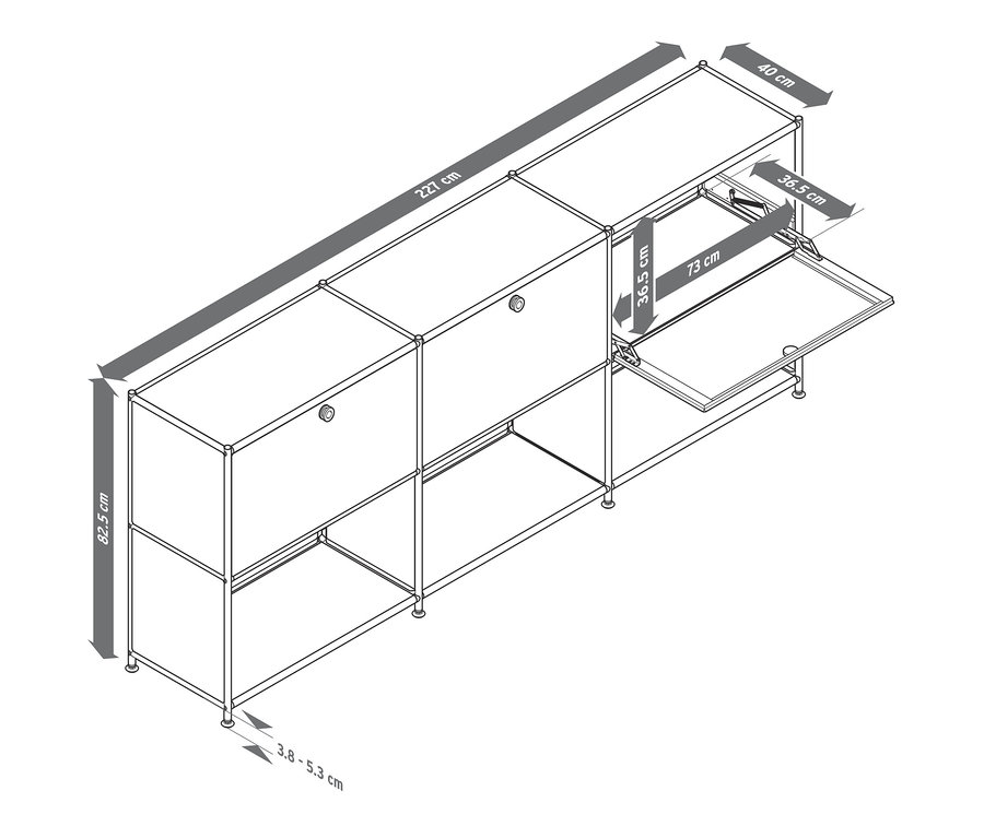 Illustration eines Sideboards Metall »CN3« mit 3 versetzbaren Klappenfächern, weiß und grau, mit Maßangaben.