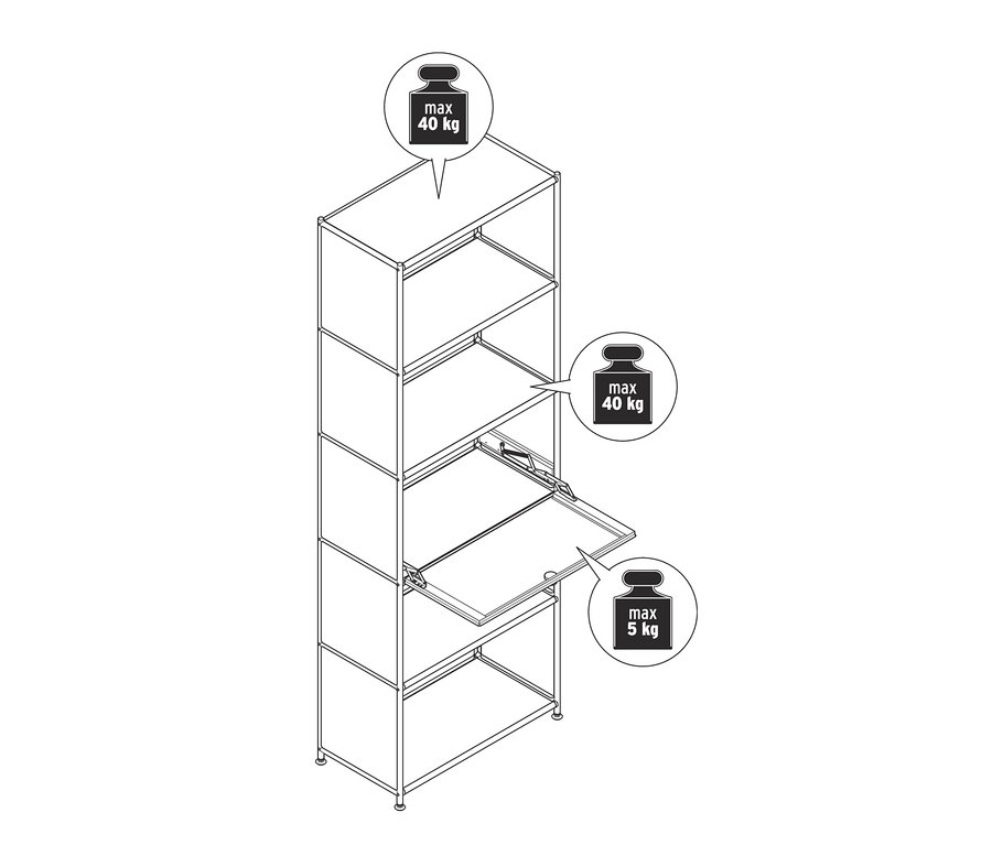 Skizze eines Regal Metall »CN3« mit Klappe und vier Regalböden.