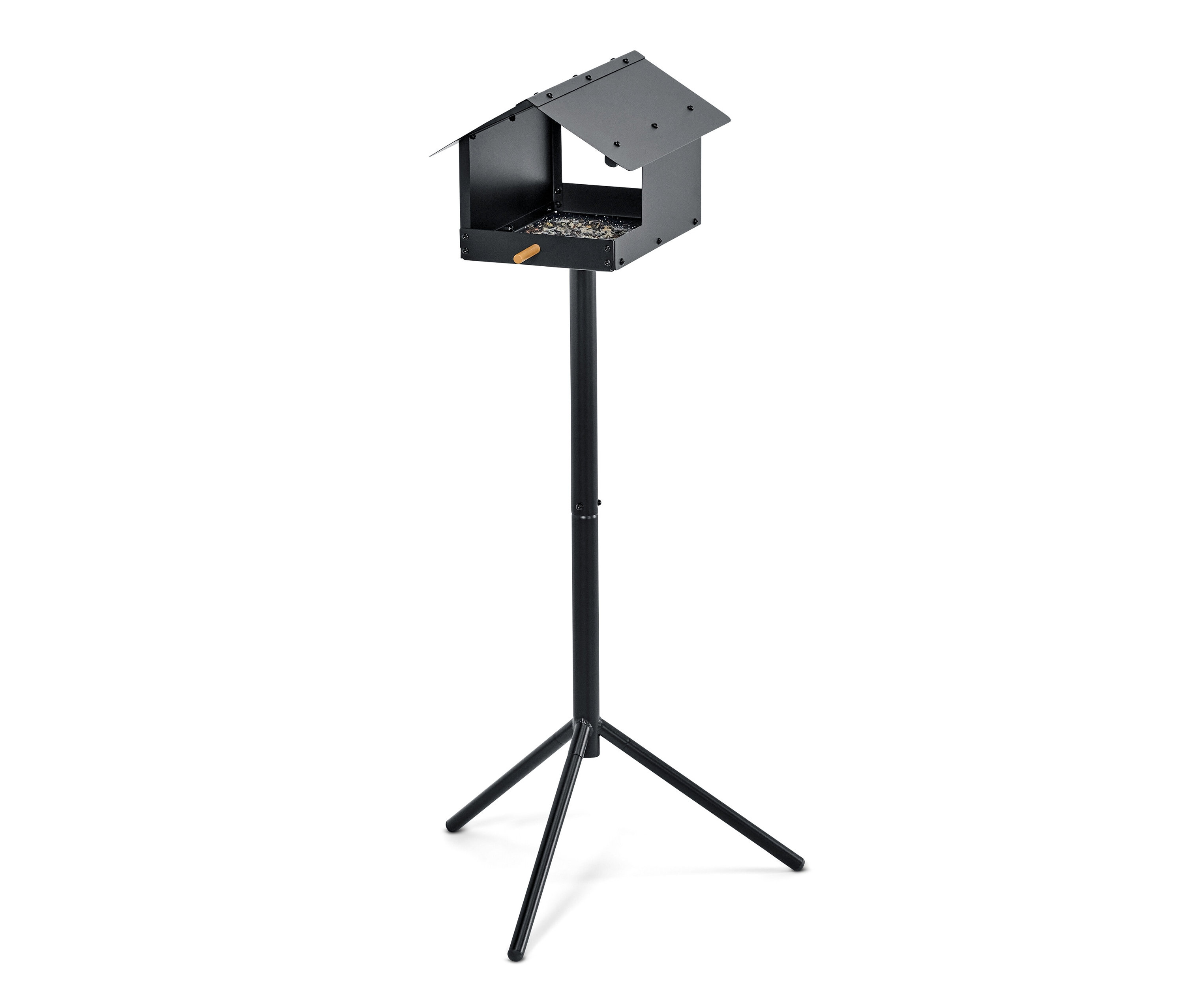 Schwarzes Vogelfutterhaus inkl. Ständer.