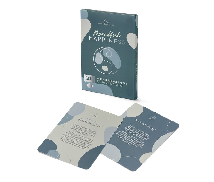 Karten-Box: »Mindful Happiness« und zwei Karten mit Text.