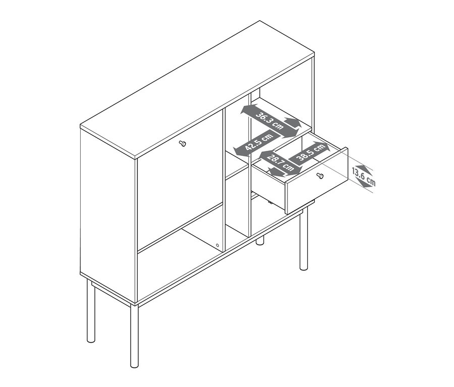 Illustration eines Sekretärs »Bekeson« mit geöffneter Schublade und hervorgehobenen Abmessungen.