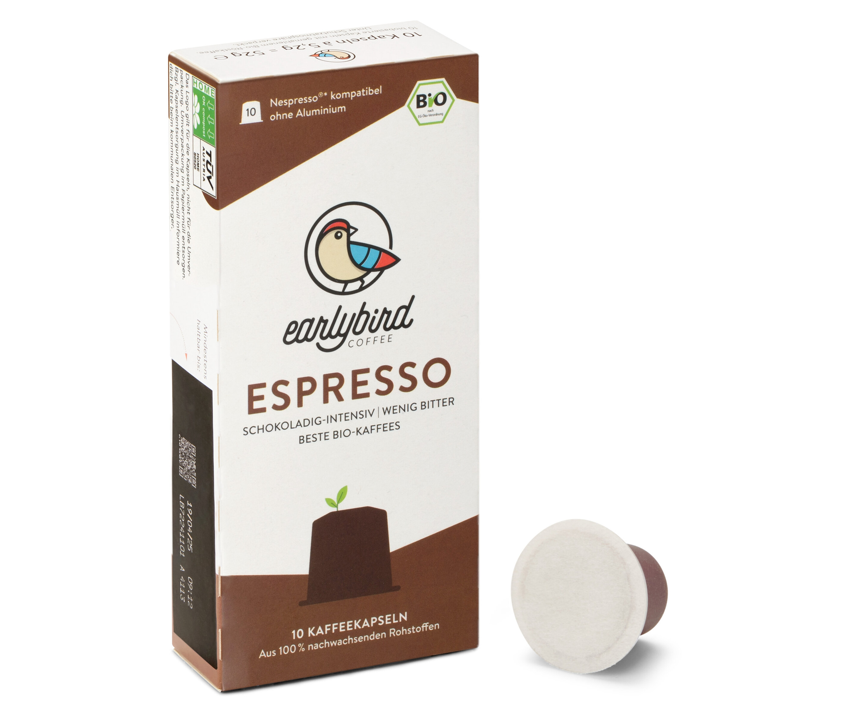 Packung earlybird - Bio Espresso - 10 Kapseln mit einer Kapsel.