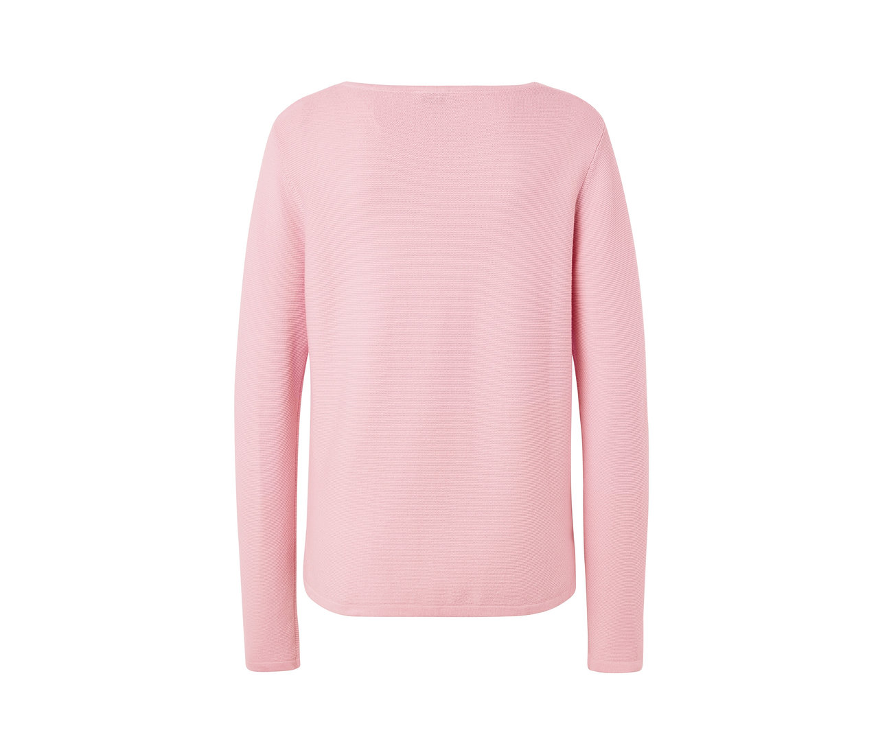 Rosafarbener Strickpullover mit langen Ärmeln.