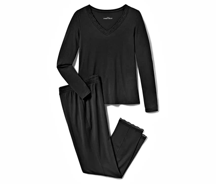 Schwarzes, langärmeliges Pyjama-Set mit Spitze.