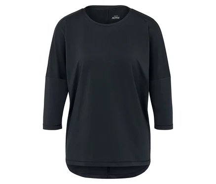 Schwarzes T-Shirt mit Dreiviertelärmeln.