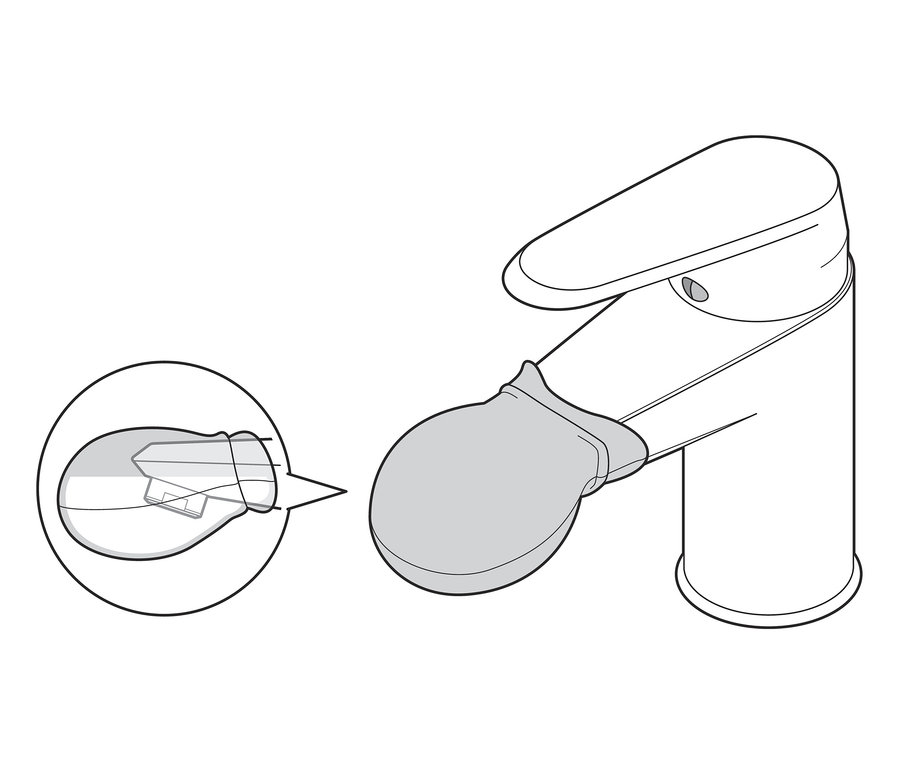 Skizze eines Wasserhahns mit Wasserhahn Entkalker-Aufsatz.