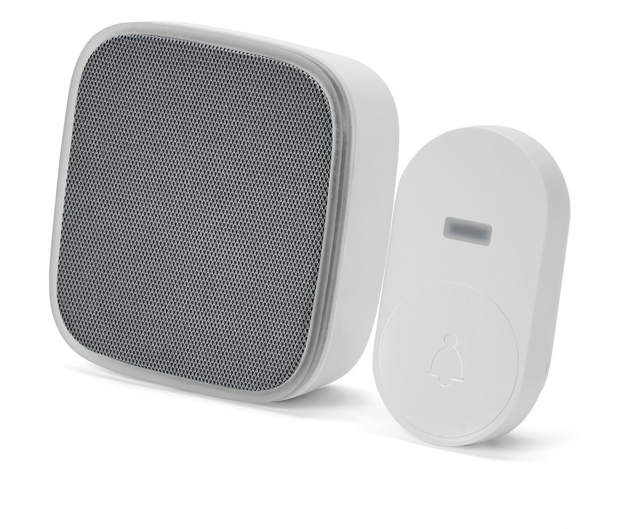 Weiße Funktürklingel mit grauem Lautsprechergitter.