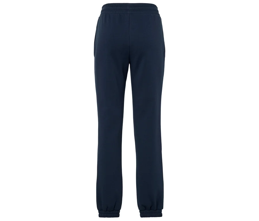 Rückansicht einer marineblauen Jogginghose mit elastischem Bund und Bündchen.
