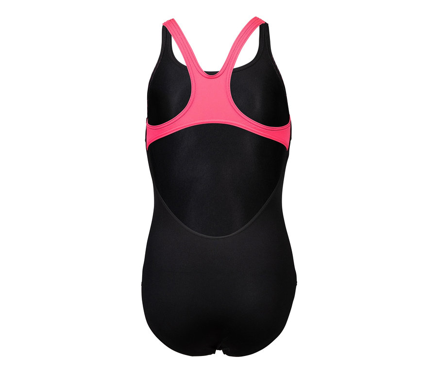 Schwarzer arena Performance Kinder-Badeanzug Poseidonia Swim Pro Back mit pinkfarbenen Trägern und Bündchen, Rückansicht.