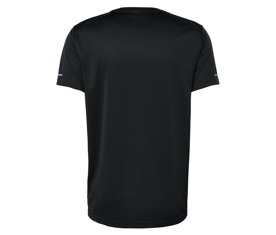 Rückansicht eines schwarzen Kurzarm-T-Shirts.