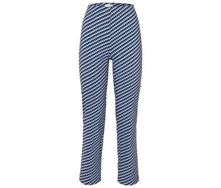 Blau und weiß gemusterte Hose.