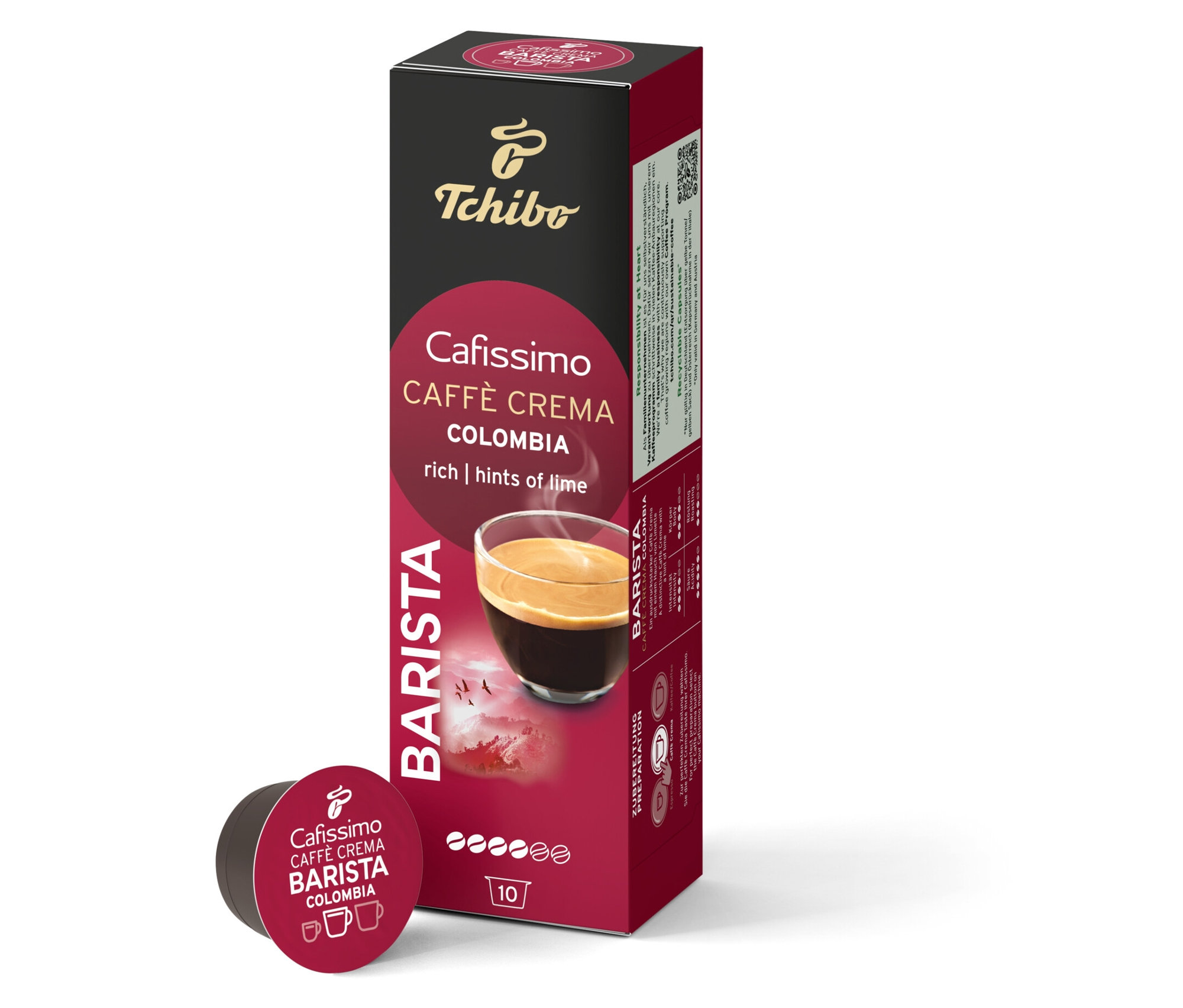 Packung und Kapsel Cafissimo BARISTA Caffè Crema Colombia - 10 Kapseln 535548.