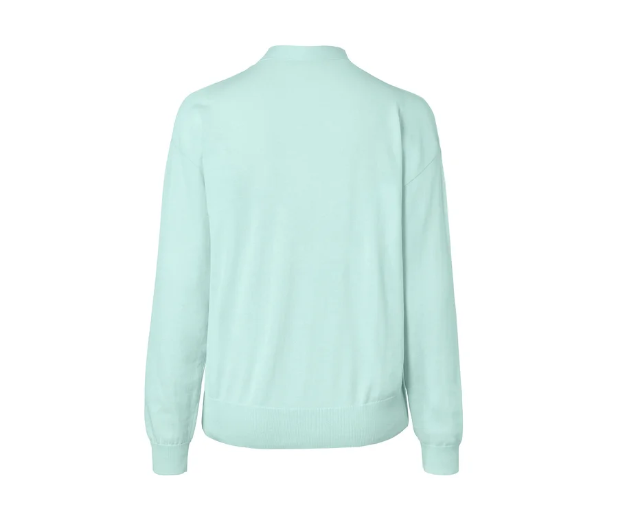 Hellgrüner Cardigan mit V-Ausschnitt von hinten.