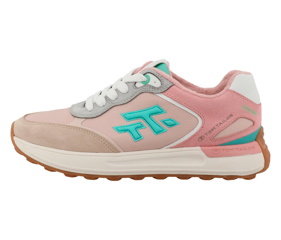 Ein einzelner Tom Tailor Sneaker in Rosa, Beige und Türkis steht auf einem weißen Hintergrund.