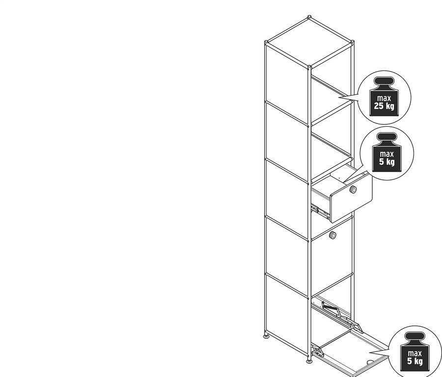 Zeichnung eines Metallregals »CN3« mit 2 Klappenfächern und 2 Schubladen.