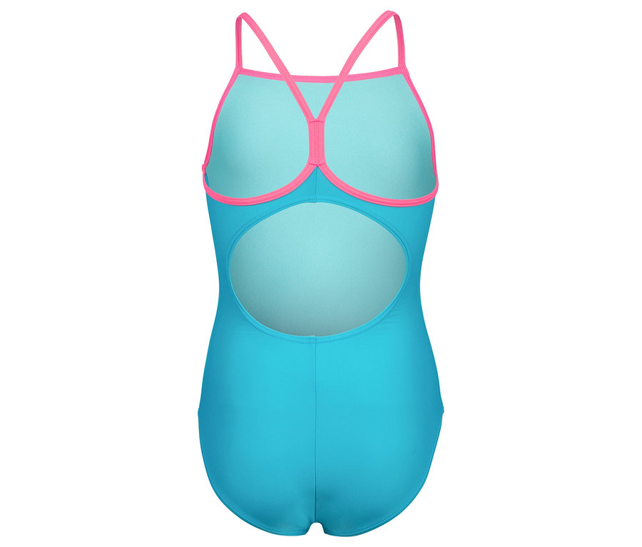 Rückansicht eines türkisfarbenen Badeanzugs mit pinkfarbenen Trägern.