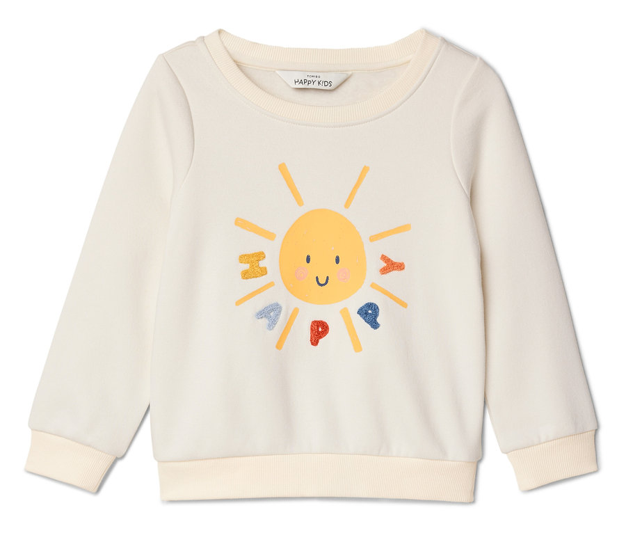 Ein cremefarbenes Sweatshirt mit einem gelben Sonne-Gesicht-Design und dem Wort "HAPPY" darauf.