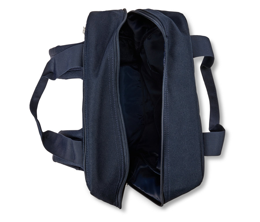 Dunkelblaue Tragetasche mit offenem Reißverschluss, Innenfutter sichtbar.