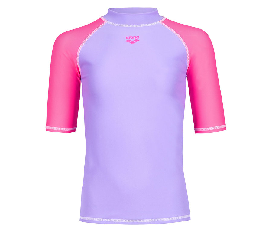 Lila-pinkes Arena-Badeoberteil mit halben Ärmeln.